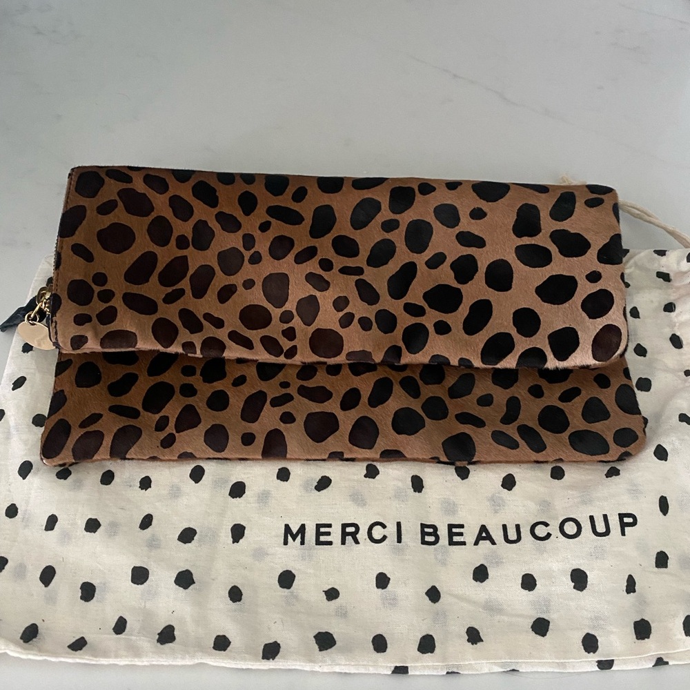 Clare V. leopard calf hair fold over clutch